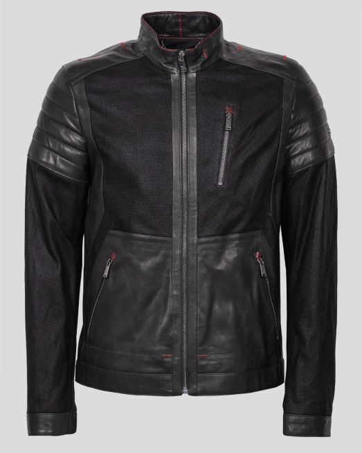 'ТЪМНО СИНЬО КОЖЕНО ЯКЕ С ПРИНТИРАНА КОЖА И КОНТРАСТНИ ЕЛЕМЕНТИ