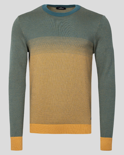 'ПУЛОВЕР С ДВУЦВЕТНА ПЛЕТКА В ЖЪЛТО И ПЕТРОЛ