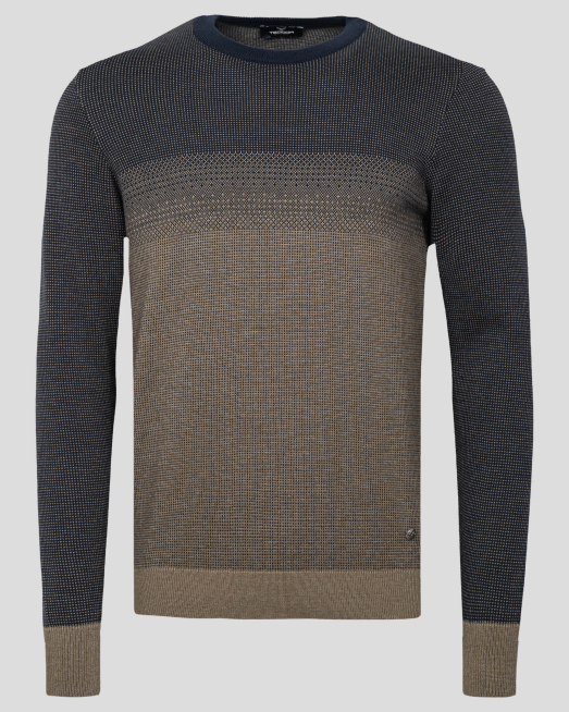 'ПУЛОВЕР С ДВУЦВЕТНА ПЛЕТКА В ТЪМНО СИНЬО И КАКИ