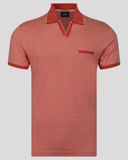 'КОРАЛОВА МЕЛАНЖИРАНА ТЕНИСКА С ПОЛО ЯКА И КОНТРАСТНА ДЕСЕНАЦИЯ