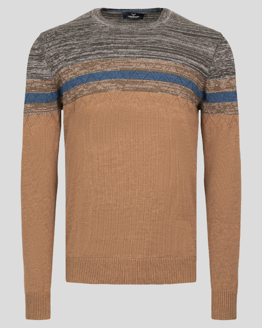 'ПУЛОВЕР В ЦВЯТ КАМЕЛ С РЕЛЕФНА ПЛЕТКА И КОНТРАСТНА ЛЕНТА