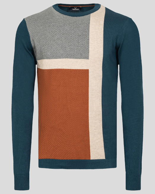 'ПУЛОВЕР ПРАВ МОДЕЛ В ЦВЯТ ПЕТРОЛ С ТРИЦВЕТНА ПЛЕТКА  