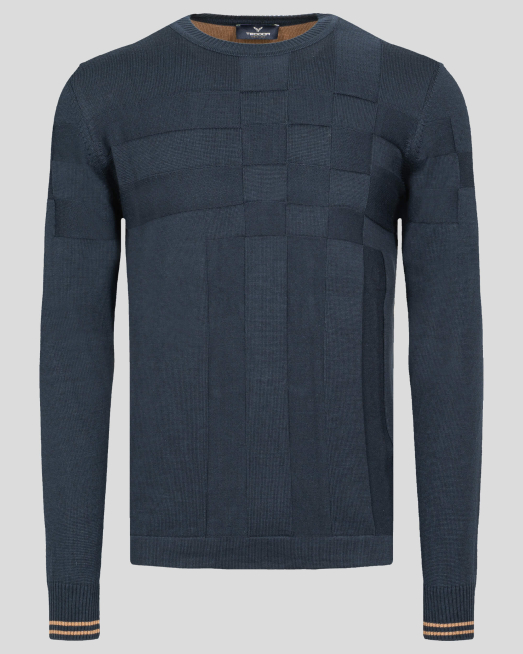 'ТЪМНО СИН ПУЛОВЕР С КВАДРАТНИ ТОНАЛНИ ЕЛЕМЕНТИ