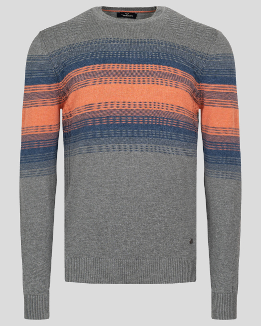 'СИВ ПУЛОВЕР С КОНТРАСТНА ПЛЕТКА И МЕТАЛНО ЛОГО