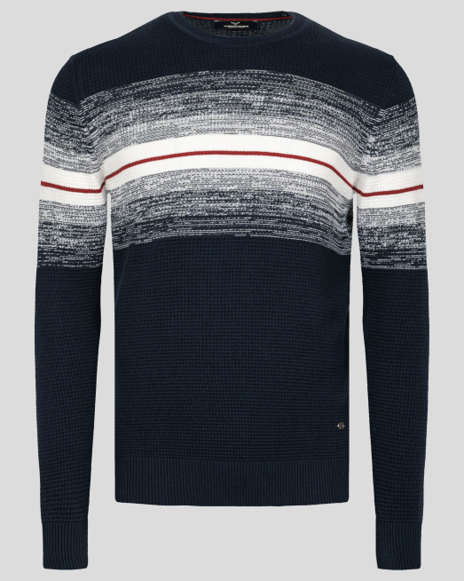 'ТЪМНО СИН СТРУКТУРЕН ПУЛОВЕР С КОНТРАСТНА ЛЕНТА И ЛОГО