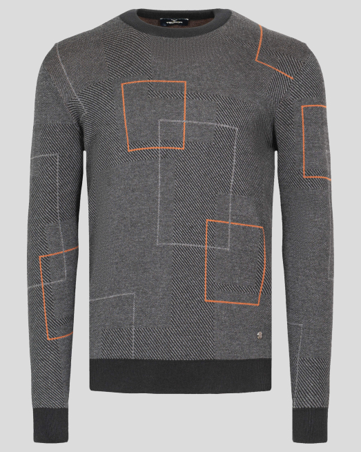 'ДВУЦВЕТЕН ПУЛОВЕР С КОНТРАСТНИ ФИГУРИ И ЛОГО