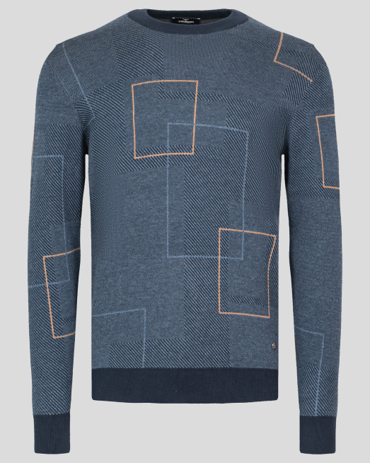 'ТЪМНО СИН ПУЛОВЕР С КОНТРАСТНИ ФИГУРИ И ЛОГО