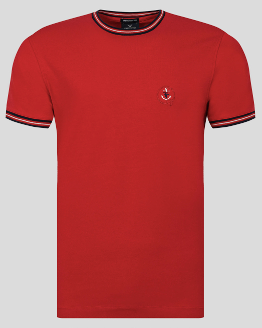 'ЧЕРВЕНА ТЕНИСКА С  БРОДЕРИЯ  И ДЕСЕНАЦИЯ НА ДЕКОЛТЕ И РЪКАВИ