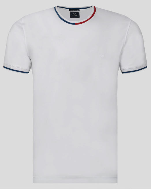 'БЯЛА ТЕНИСКА ОТ PREMIUM ПАМУК С ОБЛО ДЕКОЛТЕ И КОНТРАСТНА ДЕСЕНАЦИЯ