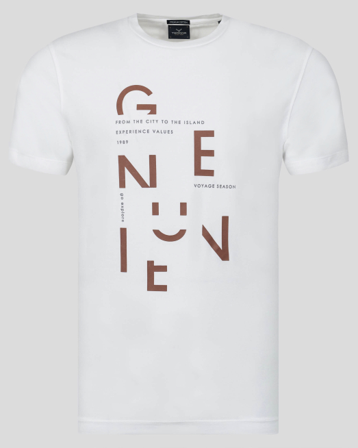 'БЯЛА ТЕНИСКА ОТ PREMIUM ПАМУК С ОБЛО ДЕКОЛТЕ И ПРИНТ С НАДПИС GENUINE 