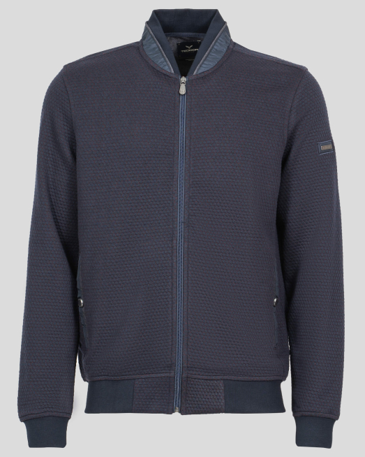 'ТЪМНО СИН СУИТШЪРТ ТИП БОМБЕР ОТ СТРУКТУРНО ТРИКО С ФИНА ВЪЛНА