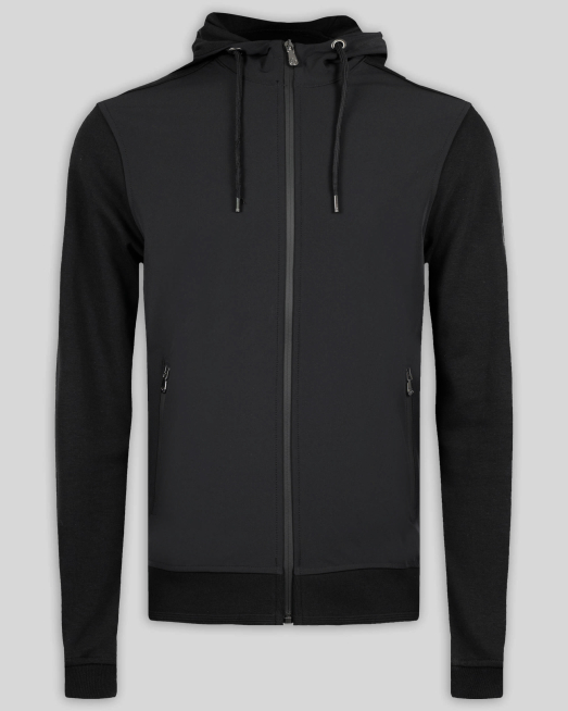 'ЧЕРЕН СУИТШЪРТ С КАЧУЛКА И ПРЕДНИЦА ОТ  ВОДОНЕПРОМОКАЕМ ПЛАТ