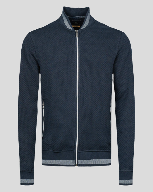 'ТЪМНО СИН СУИТШЪРТ ТИП БОМБЪР ОТ СТРУКТУРНО ТРИКО НА СИТНИ РОМБОВЕ