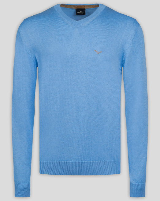 ' ФИН ПУЛОВЕР С V-ОБРАЗНО ДЕКОЛТЕ И БРОДЕРИЯ ЛОГО В СВЕТЛО СИНЬО