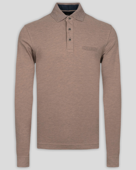 'БЛУЗА С РЕЛЕФНА ПОЛО ЯКА ОТ PREMIUM ПАМУК В СВЕТЛО КАФЯВ МЕЛАНЖ 