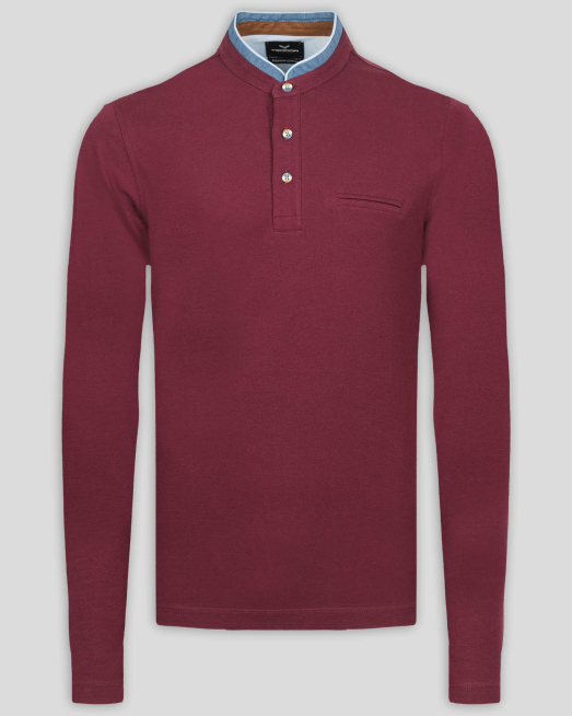 'БЛУЗА С ПОПСКА ЯКА И КОНТРАСТНА ГАРНИТУРА ОT  PREMIUM ПАМУК  В БОРДО