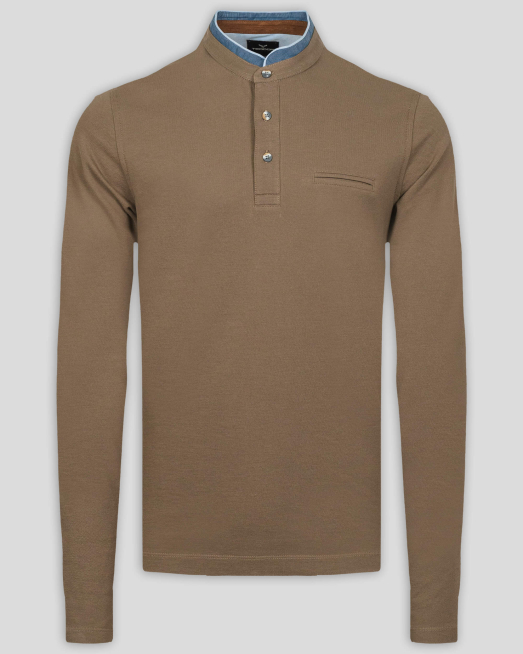 'БЛУЗА ОТ PREMIUM ПАМУК С ПОПСКА ЯКА И КОНТРАСТНА ГАРНИТУРА В ЦВЯТ КАКИ