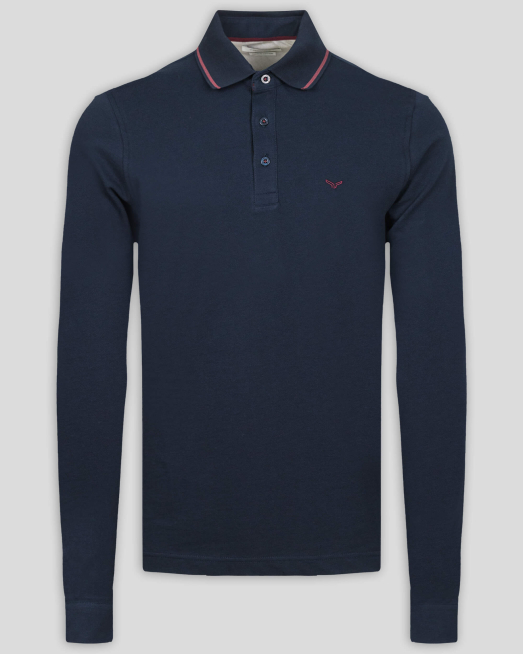 'ТЪМНО СИНЯ БЛУЗА ОТ PREMIUM ПАМУК С ПОЛО ЯКА И КОНТРАСТНА ДЕСЕНАЦИЯ