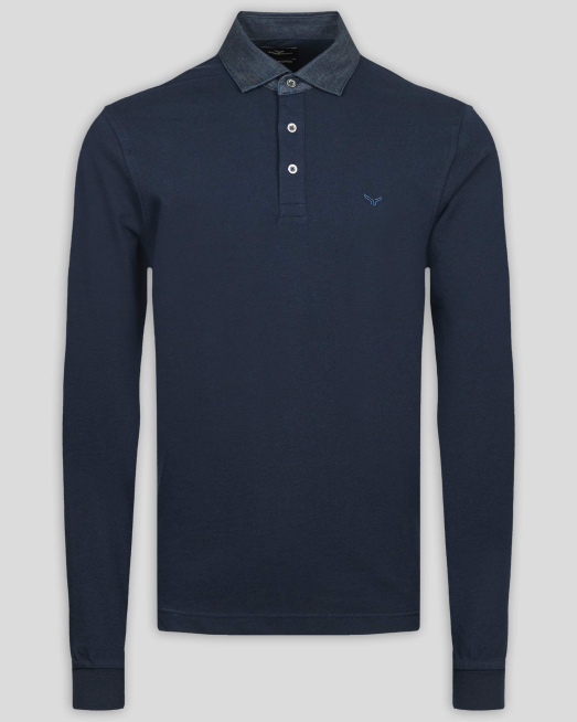 'ТЪМНО СИНЯ БЛУЗА ОТ PREMIUM ПАМУК С ДЕНИМ ЯКА И БРОДЕРИЯ ЛОГО