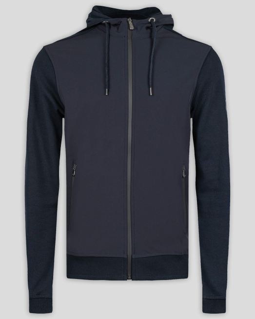 'ТЪМНОСИН СУИТШЪРТ С КАЧУЛКА И ПРЕДНИЦА ОТ  ВОДОНЕПРОМОКАЕМ ПЛАТ