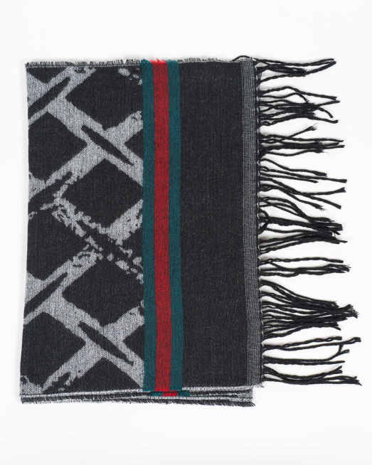 'МЕК ШАЛ В ЧЕРНО И СИВО С ФИГУРАЛНИ ЕЛЕМЕНТИ И КОНТРАСТНА ДЕСЕНАЦИЯ  