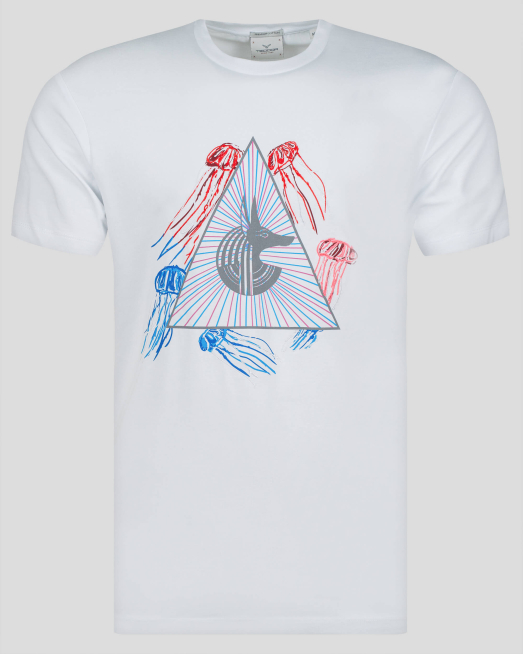 'БЯЛА ТЕНИСКА С КОНТРАСТНА БРОДЕРИЯ И ПРИНТ АНУБИС ОТ PREMIUM ПАМУК