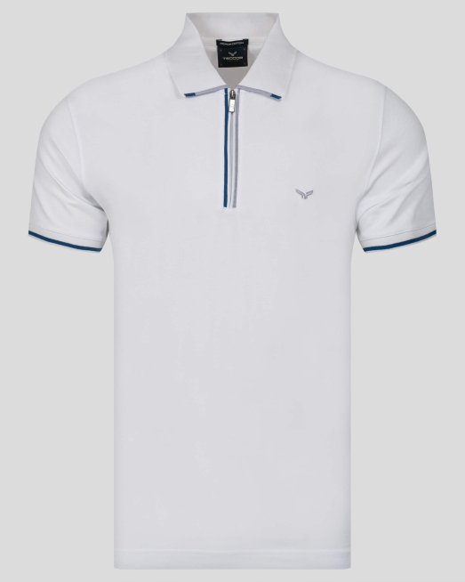 'БЯЛА ТЕНИСКА ОТ PREMIUM ПАМУК С  ЦИП И КОНТРАСТНА ДЕСЕНАЦИЯ