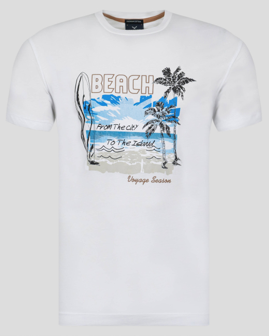 'БЯЛА ТЕНИСКА ОТ PREMIUM ПАМУК С КОНТРАСТНА ЩАМПА С НАДПИС 