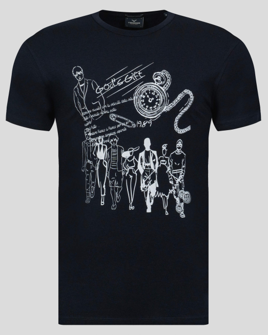 'ТЪМНОСИНЯ ТЕНИСКА ОТ PREMIUM ПАМУК С КОНТРАСТЕН ПРИНТ С НАДПИС