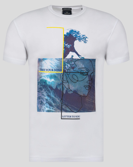 'БЯЛА ТЕНИСКА ОТ PREMIUM ПАМУК С ЕФЕКТЕН ПРИНТ И НАДПИС 