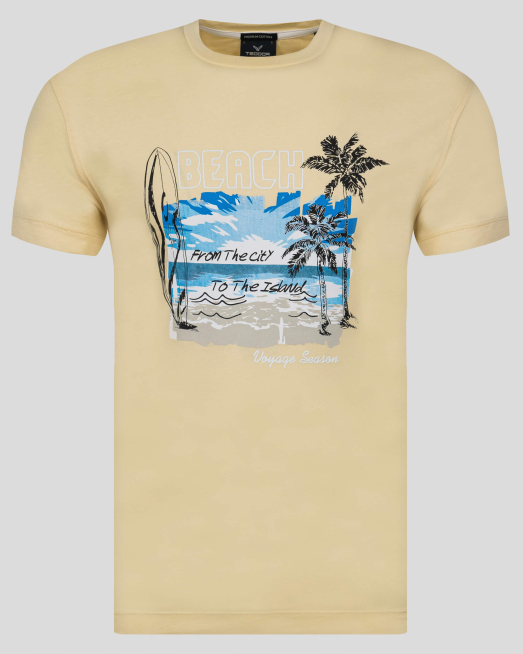 'ЖЪЛТА ТЕНИСКА ОТ PREMIUM ПАМУК С КОНТРАСТНА ЩАМПА С НАДПИС 