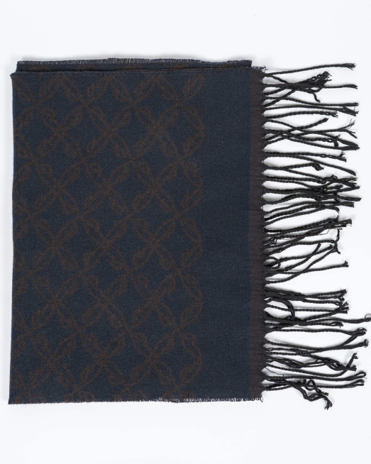 'ДВУЛИЦЕВ ФИГУРАЛЕН ШАЛ В ТЪМНО СИНЬО И КАФЯВО