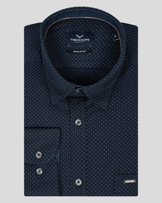 'ТЪМНО СИНЯ ПРИНТИРАНА РИЗА СВОБОДЕН СИЛУЕТ С МЕТАЛНО ЛОГО НА ДЖОБ