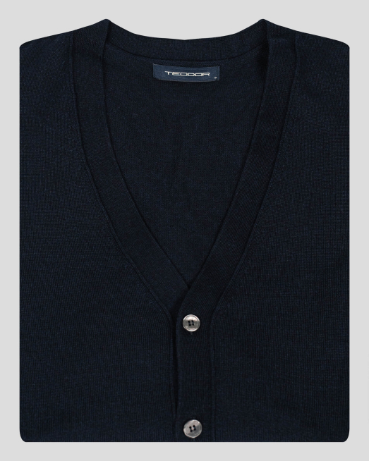 'ТЪМНО СИНЯ ЖИЛЕТКА С КОПЧЕТА ОТ ВЪЛНА С КОПРИНА