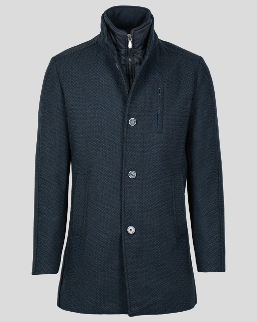 'ПАЛТО ОТ ВЪЛНЕН СТРУКТУРЕН ПЛАТ В ДЕНИМ СИН ЦВЯТ С МЕТАЛНО ЛОГО