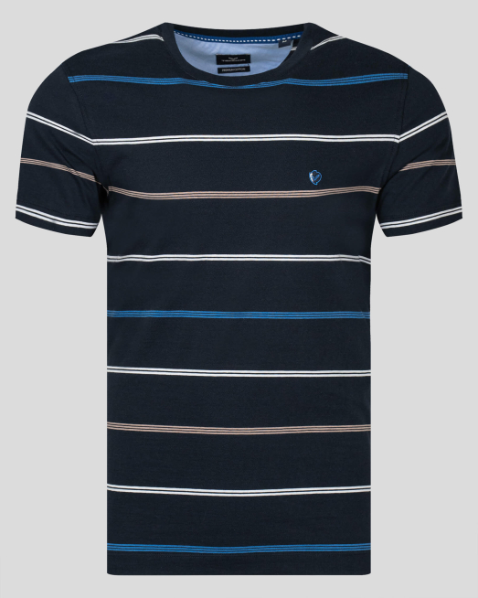 'ТЪМНО СИНЯ ТЕНИСКА С ЦВЕТНО РАЙЕ И ДВУЦВЕТНА БРОДЕРИЯ ЛОГО