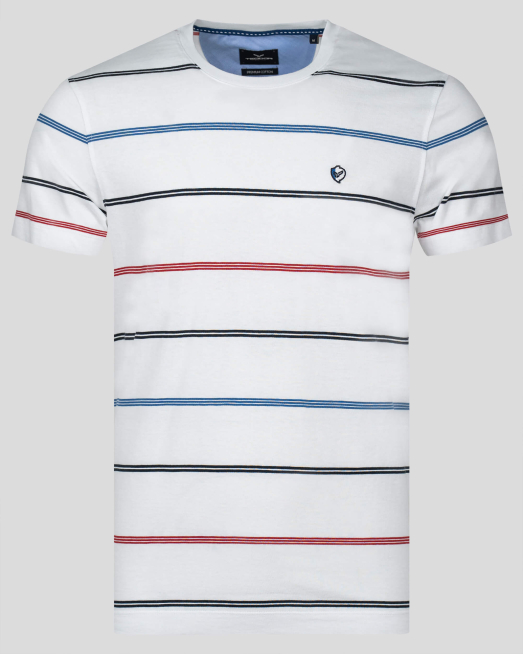 'БЯЛА ТЕНИСКА В КОНТРАСТНО РАЙЕ С ДВУЦВЕТНА БРОДЕРИЯ ЛОГО