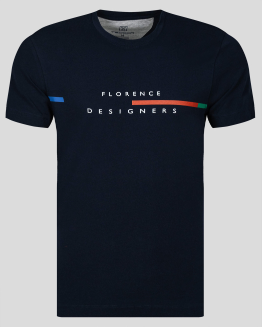 'ТЪМНО СИНЯ ТЕНИСКА С ЦВЕТНИ ЛЕНТИ И ПРИНТ