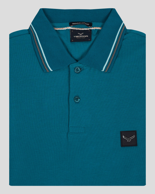 'ТЕНИСКА ПОЛО ЯКА С ГУМИРАНО ЛОГО И ДЕСЕНАЦИИ В ЦВЯТ ПЕТРОЛ