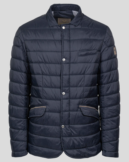 'ТЪМНО СИНЬО КАПИТОНИРАНО ЯКЕ С ГАРНИТУРА ВЕЛУР И ЛОГО