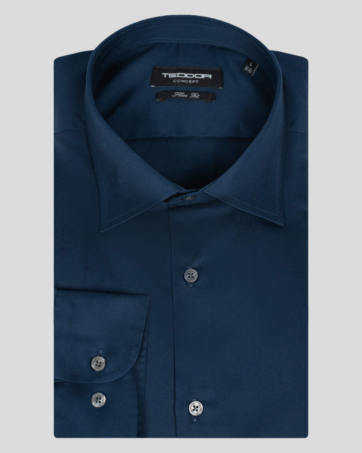 'ТЪМНО СИНЯ САТЕНИРАНА РИЗА ВТАЛЕН СИЛУЕТ