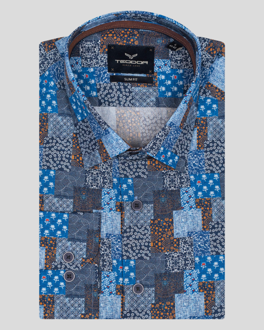 'СИНЯ РИЗА С ЦВЕТЕН ПРИНТ ВТАЛЕН СИЛУЕТ