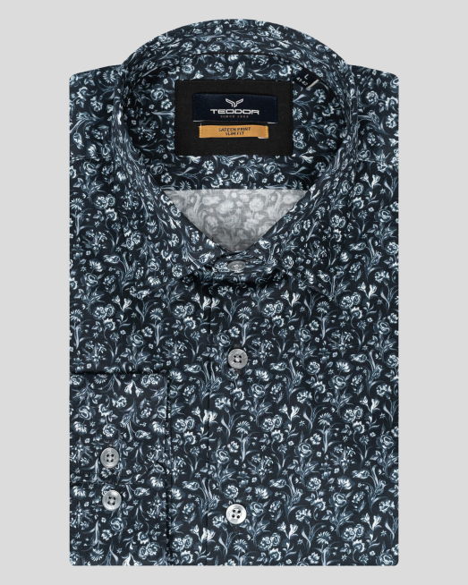 'ТЪМНО СИНЯ РИЗА С ЦВЕТЕН ФЛОРАЛЕН ПРИНТ