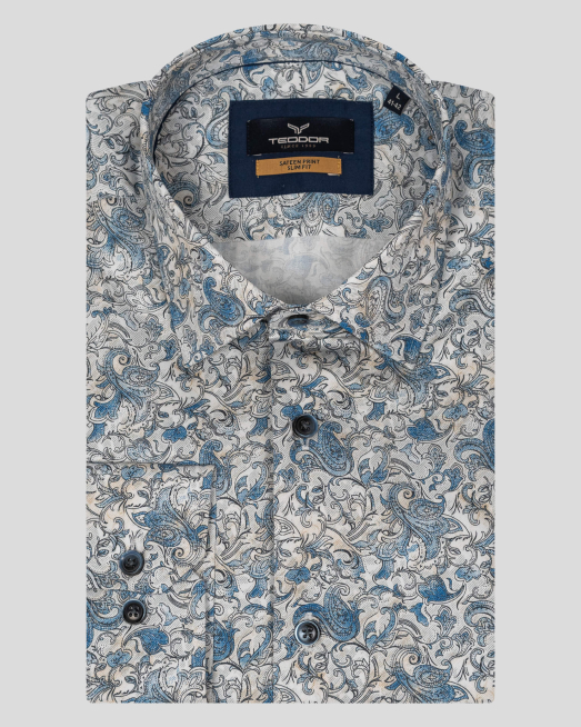 'ПРИНТИРАНА РИЗА ОТ САТЕНИРАН ПАМУК В БЯЛО И СИНЬО