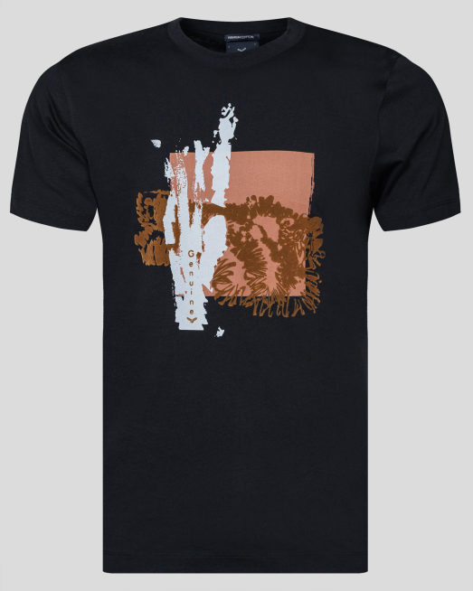 'ЧЕРНА ТЕНИСКА С ФЛОК ЕФЕКТ И АБСТРАКТЕН ПРИНТ