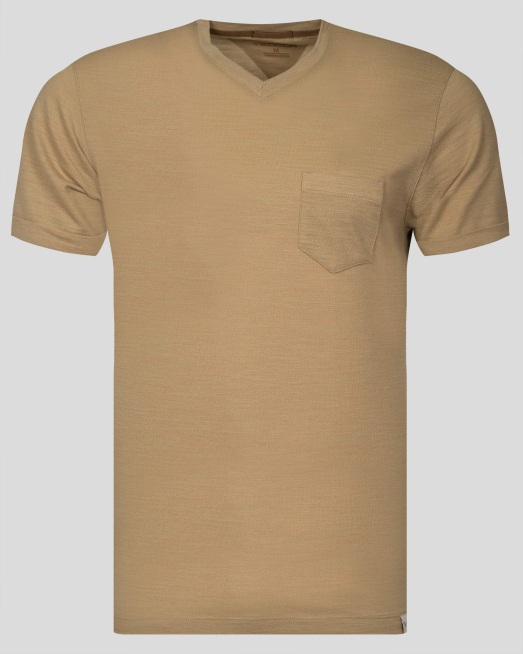 'ТЪМНО БЕЖОВА ТЕНИСКА С ЛЕНЕН ЕФЕКТ И ДЖОБ