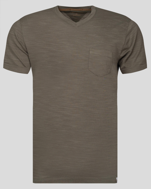 'ШПИЦ ТЕНИСКА В ЦВЯТ КАКИ С ЛЕНЕН ЕФЕКТ И ДЖОБ