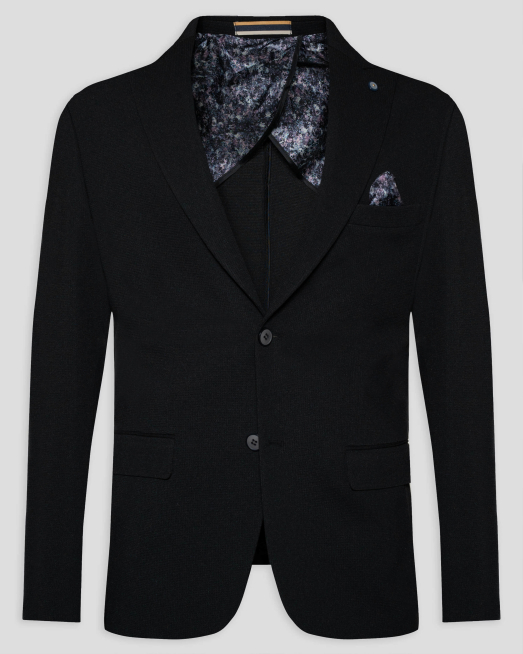 ' ЧЕРНО СТРУКТУРНО САКО ВТАЛЕН СИЛУЕТ С ПОДВИЖЕН АКСЕСОАР НА РЕВЕР