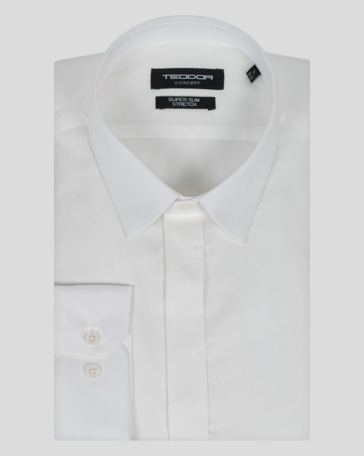 'БЯЛА САТЕНИРАНА РИЗА СЪС СКРИТО ЗАКОПЧАВАНЕ СИЛНО ВТАЛЕН СИЛУЕТ