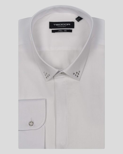 'БЯЛА САТЕНИРАНА РИЗА С ДЕКОРАТИВНИ КАМЪЧЕТА 